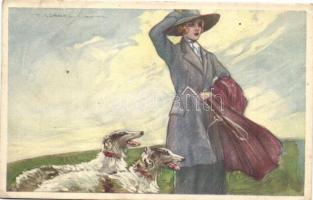 Italian art postcard. Lady with Sighthound. Anna & Gasparini 464-4. s: T. Corbella (fa)