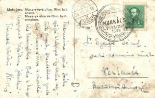 Munkács, Mukacheve, Mukacevo; Masaryk utca, Római katolikus templom, Dr. Ferenczy gyógyszertár, tehe...