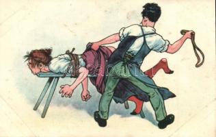 Asszonyverés / Husband beating his wife. Humorous art postcard. L&P 2052.