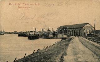 Pancsova, Pancevo; Temes rakpart, MFTR 663-as uszály, Pancsovai Népbank közraktára. W. L. 945. / Timis River quay, wharf, bank warehouse, barge (EK)