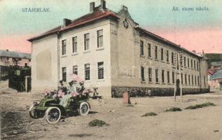 Stájerlak, Staier, Steierdorf; Állami elemi iskola magyar címerrel, automobil esernyős hölggyel. Scheitzner kiadása. Montázslap / school with Hungarian coat of arms, automibile montage