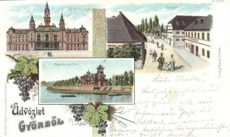 1899 Győr, Új Városháza, Sziget, üzlet, Regatta pavilon, evezősök, sport. Kiadja Berec Viktor Nr. 3687. Mehner & Maas Kunstanstalt szőlő, floral, Art Nouveau, litho (EK)