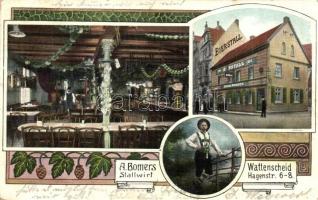 Wattenscheid, Café Restaurant Bierstall nebst Raritäten  Cabinet. Besitzer A. Bomers, Stallwirt. Hagenstr. 6-8. / Anton Bomers' beer hall, inn, interior with waiter, Art Nouveau advertisement card (EB)