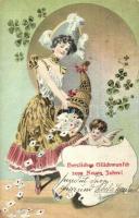 Herzlichen Glückwunsch zum Neuen Jahr! / New Year greeting art postcard with lady and baby angel. K.V.i.B. 12. (EK)