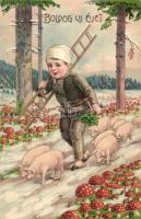 Boldog Új évet! / New Year greeting art postcard with chimney sweeper and pigs, mushrooms. Erika Nr. 6436. litho (EK)