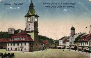 Brassó, Kronstadt, Brasov; Ferenc József tér, Tanácsház, üzletek / square, court, shops (EK)