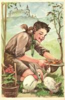 A cserkész szereti a természetet, jó az állatokhoz és kíméli a növényeket. Cserkész Levelezőlapok Kiadóhivatal / Hungarian scout boy art postcard. s: Márton L.