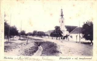 1936 Harkány, utcakép a református templommal. Székely dohányáruda kiadása (fl)