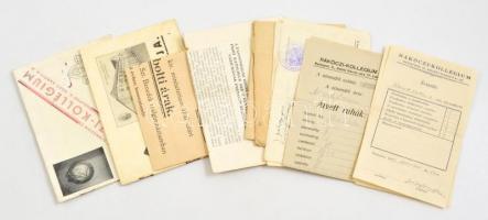 cca 1930-1940 Különféle iskolai papírok: Rákóczi Kollégium, Pannonhalmi Bencés Gimnázium, stb.