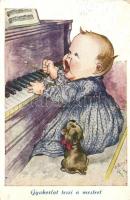 Gyakorlat teszi a mestert! / Practice makes perfect. Child and dog by the piano, humor. artist signed (EB)