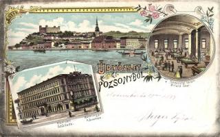 1899 Pozsony, Pressburg, Bratislava; Nemzeti szálloda, Hüttinger Kávéház, Tekeasztal (biliárd) terem, belső / hotel and restaurant, interior, billiard hall. Schneider & Lux Art Nouveau, floral, litho  (EK)