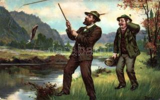 Fishing hunters, humour. Series 1139/5. + Újságárusok és Lapkihordók Szabadszervezete stamp on the backside (EB)