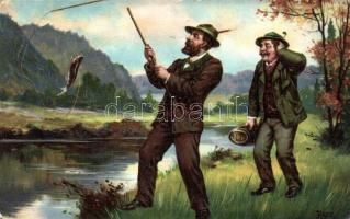 Fishing hunters, humour. Series 1139/5. + "Újságárusok és Lapkihordók Szabadszervezete" stamp on the backside (EB)