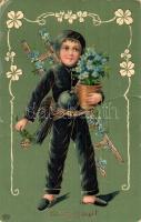 Boldog Új Évet! / New Year greeting art postcard with chimney sweeper. Art Nouveau, floral, golden decorated litho (fa)