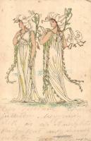 Flower ladies. Art Nouveau litho Serie 51. (pinholes)