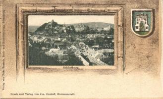 Segesvár, Schassburg, Sighisoara; látkép, címeres keret. Fritz Teutsch, Jos. Drotleff / general view, Art Nouveau coat of arms frame (r)