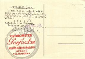 Perfecta Cronometer óragyár reklámlapja és matricája a hátroldalon / Hungarian clock shop advertisem...