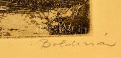 Boldizsár István (1897-1984): Patak part híddal. Rézkarc, papír, jelzett, 19,5×29,5 cm