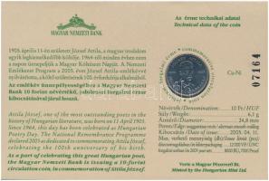 2005. 10Ft Cu-Ni "József Attila" sorszámozott emléklapon T:1