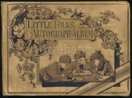 1891 Little folks autograph album, litho képes emlékalbum aláírásokkal, belül a gerincnél levált