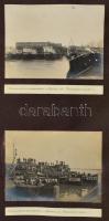 1914 A Lehel hajókompot vontató hajó, Szendrő kikötője, DDSG hajók Keveváránál vonatokkal, olajtanker. 4 db érdekes feliratozott fotó (16x12 cm) kartonlapon. / DDSG ships and Lehel train ferry, port of Semendira and Kevevara 4 photos