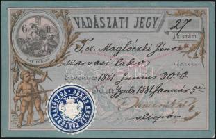 1881 Vadászati jegy 6Ft értékjeggyel Gyulán kiállítva. / Hunting card