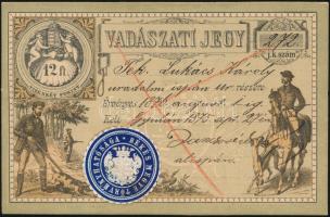 1875 Vadászati jegy 12Ft értékjeggyel Gyulán kiállítva. / Hunting card