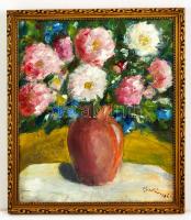 Belényi jelzéssel: Virág csendélet, olaj, vászon, üvegezett fa keretben, 39×33 cm
