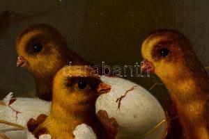 Olvashatatlan jelzéssel: Kiscsibék 1871 . Olaj, vászon, antik keretben, 17×21 cm