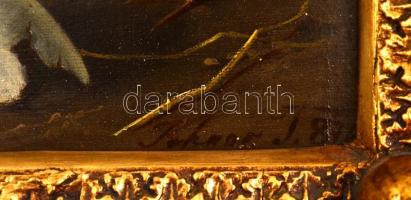 Olvashatatlan jelzéssel: Kiscsibék 1871 . Olaj, vászon, antik keretben, 17×21 cm