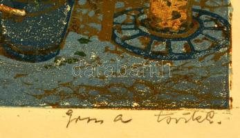 Gross Arnold (1929-2015) és Török Endre (1926-1980): Virágárus, színes linó, papír, jelzett, 25×30,5...