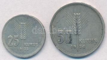 Törökország 1935. 25k Ag + 1936. 50k Ag T:2,2- Turkey 1935. 25 Kurush Ag + 1936. 50 Kurus Ag C:XF,VF