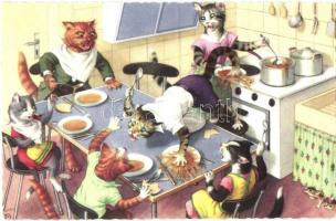 Cats having dinner, quarrel by the table. Colorprint B. Special 2269/5. - modern postcard