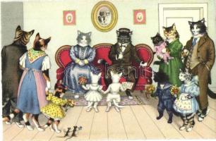 Cat family at a wedding anniversary, little cats with flowers. Max Künzli No. 4737. - modern postcard
