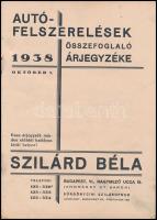 cca 1940 Szilárd Béla autófelszerelések árjegyzéke. 32p. (egy oldalon szakadás)