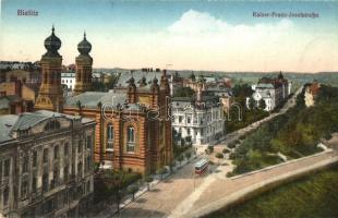 Bielsko-Biala, Bielitz; Kaiser Franz Josefstrasse, Zahntechnisches Atelier / street view with synagogue, tram, dentistry (EK)
