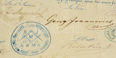 1871 Medgyaszay Jenő magyar szabadkőműves részére kiadott szabadkőműves oklevél a Párizsi Nagypáholy...
