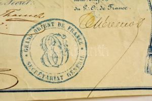 1871 Medgyaszay Jenő magyar szabadkőműves részére kiadott szabadkőműves oklevél a Párizsi Nagypáholy...