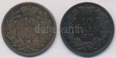 Szerbia 1868. 10p Br "III. Obrenovics Mihály" + 1879. 10p Br "I. Milán" T:2,2- p...