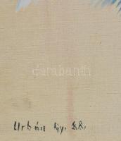 Urbán György (1936-2011): Kék örvénylés. Olaj, vászon, jelzett, keretben, 90x100 cm