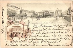 1899 Budapest V. Ferenc József tér és az Akadémia. floral Art Nouveau litho, 2 Kr. Ga.