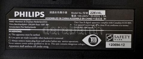 Philips 226V4LSB LED monitor, képátló: 21,5 inch, képarány: 16:9, max. felbontás: 1920×1080, hálózat...