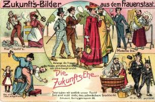 Zukunfts-Bilder aus dem Frauenstaat, Die Zukunfts Ehe / Future of the womens state, Future Marriage. Humorous feminist litho art postcard (EK)