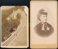 cca 1865 Vizitkártya méretű fényképek, 2 db vintage fotó, a hegyi vasút sarka hiányos, 9x6,5 cm és 10,5x6 cm