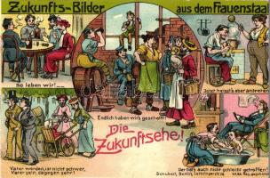 Zukunfts-Bilder aus dem Frauenstaat, Die Zukunftsehe / Future of the womens state, Future Marriage. Humorous feminist litho art postcard