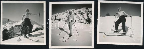 cca 1936 A síelés örömei, 3 db jelzés nélküli vintage fotó dr. Csörgeő Tibor (1896-1968) budapesti fotóművész hagyatékából, 6x6 cm
