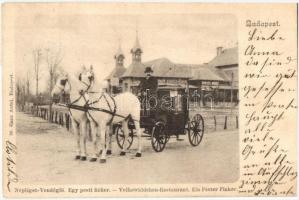 1906 Budapest IX. Népliget, Egy pesti fiáker, Heinczel Mihály Nagvendéglője és Nagy sörcsarnoka a háttérben, Ganz Antal kiadása