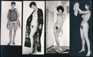 cca 1978 A csábítás pillanatai, szolidan erotikus felvételek, 4 db vintage fotó + 4 db vintage negatív, (a pozitív és a negatív képek nem összetartozók), 17,5x7 cm és 6x6 cm között
