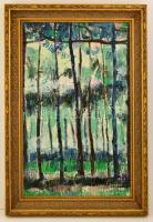 Szilágyi Béla (1935-): Erdő részlet. Olaj, farost, jelzett, keretben, 50×80 cm