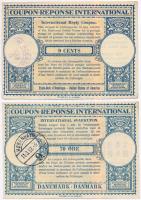 Amerikai Egyesült Államok 1947(?) 9c + Dánia DN 70ö Nemzetközi válaszdíjszelvény mindkettő vízjeles papíron, pecséttel T:I--II- USA 1947(?) 9 Cents + Denmark ND 70 Öre International Reply Coupon both on watermarked paper, with stamp C:AU-VF